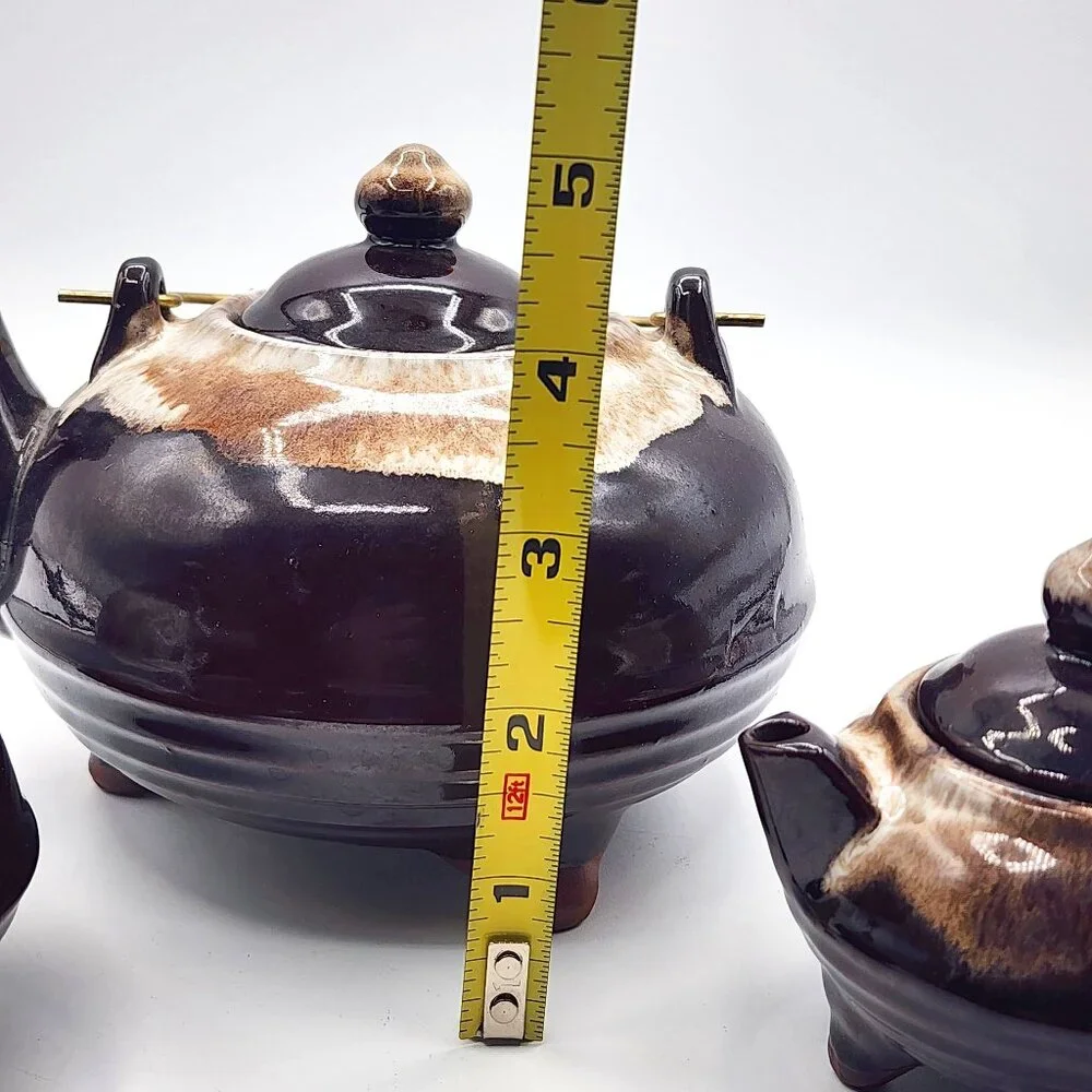 Vintage Redware Drip Glaze Teapot Creamer Sugar Set Wire Handle Ceramic Japan